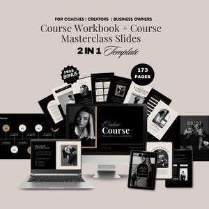 Può includere: Un modello digitale per coach, creatori e imprenditori. L'immagine mostra un laptop, un monitor desktop e tablet che visualizzano un quaderno di lavoro del corso e diapositive della masterclass. Il modello include 173 pagine e un bonus gratuito.