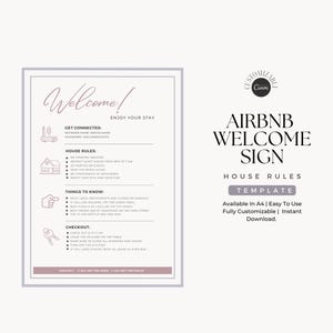 1-stronicowy szablon znaku powitalnego Airbnb | Przewodnik powitalny AirBnB | Znak instrukcji wymeldowania wynajmu Airbnb Zasady domu | Szablon znaku WIFI Airbnb