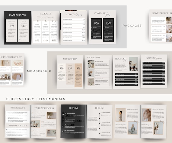 Services & Pricing Guide Client Brochure Template, Portfolio, Course Coach, Price Guide, Packages Guide Canva Template in A4 + US Letter.