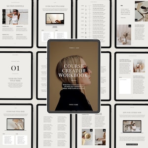 May include: A digital workbook titled "Course Creator Workbook" displayed on a tablet. The cover features a woman in sunglasses. Surrounding the tablet are other digital pages with text and images, suggesting a course or guide.