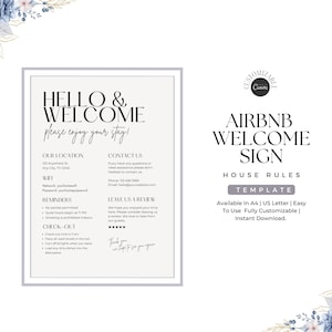 1-stronicowy szablon znaku powitalnego Airbnb | Przewodnik powitalny AirBnB | Znak instrukcji wymeldowania wynajmu Airbnb Zasady domu | Szablon znaku WIFI Airbnb