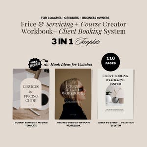 May include: A digital template bundle for coaches, creators, and business owners. Includes a service and pricing guide, a course creator workbook, and a client booking system. The bundle is 3-in-1 and has 110 pages. Includes a free bonus of 100 hook ideas.