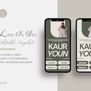 以下が含まれることがあります： 2つのスマートフォンのモックアップを備えた、Link in Bioのデジタルマーケティングテンプレート。デザインには「Link in Bio」と「Editable Template」の文字が含まれています。電話の画面には、「KAUR YOUN」という名前のプロフィールと、「Let's work」、「Portfolio」、「About me」、「Daily Vlog」のクリック可能なリンクが表示されます。