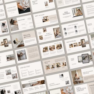 May include: A collection of beige and white presentation slides with text and images. The slides include titles like "Introduction," "Discovery," and "Free Training." Images show laptops, phones, and people working. The overall theme is business and education.