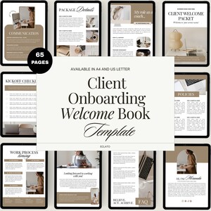 May include: A digital template for a Client Onboarding Welcome Book, displayed on multiple tablets. The design features a neutral color palette with text such as "Client Onboarding Welcome Book Template" and "65 Pages". The template is available in A4 and US Letter sizes.