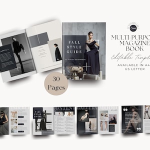 Op de afbeelding: Een magazine template mockup met een zwart-witfoto van een vrouw in een zwarte jurk. De omslag van het magazine heeft de tekst "Fall Style Guide". Het magazine is open op een pagina met de tekst "Chapter 3". Het magazine is omringd door kleinere mockups van verschillende pagina's uit het magazine. De tekst "30 Pages" wordt weergegeven in een cirkel.