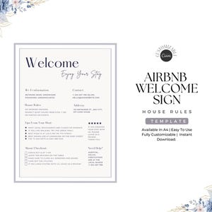 1-stronicowy szablon znaku powitalnego Airbnb | Przewodnik powitalny AirBnB | Znak instrukcji wymeldowania wynajmu Airbnb Zasady domu | Szablon znaku WIFI Airbnb