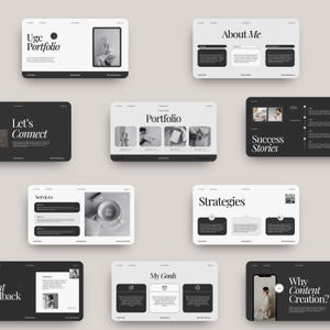 Könnte beinhalten: Eine Sammlung digitaler Präsentationsfolien mit minimalistischem Design. Die Folien zeigen Texte wie "Ugc Portfolio", "About Me", "Let's Connect", "Portfolio", "Success Stories", "Services", "Strategies", "My Goals" und "Why Content Creation?"