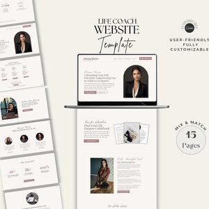 Puede incluir: Una plantilla de sitio web para entrenadores de vida, con un diseño de mezcla y combinación con 15 páginas. La plantilla es fácil de usar y totalmente personalizable. La imagen muestra la pantalla de una computadora portátil con una maqueta de sitio web, un retrato de mujer y texto que dice "Desbloquear tu potencial completo: ¡Empoderándote para lograr la grandeza!"