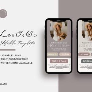 以下が含まれることがあります： ウェルネスブランドのバイオへのリンクテンプレートを示す、携帯電話の画面のモックアップが2つあります。テンプレートには、女性の画像、テキスト「私のページへようこそ、サラ・サルバトーレ」、およびテキスト「ウェルネスブランドのUCGクリエイター」が含まれています。テンプレートには、「Let's work」、「Portfolio」、「Book a Call」のボタンも含まれています。