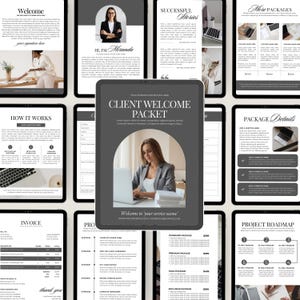 May include: A digital marketing welcome packet displayed on a tablet, featuring a woman working on a laptop. The packet includes sections for welcome, how it works, invoice, and project roadmap. The color scheme is black, white, and gray.