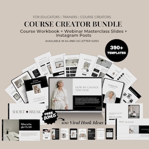 Puede incluir: Un paquete para creadores de cursos con más de 390 plantillas que incluyen libros de trabajo, diapositivas de seminarios web y publicaciones de Instagram. Los diseños en blanco y negro muestran textos como Course Creator Bundle, How We Change This Year y Short Break, disponibles en tamaños A4 y US letter.