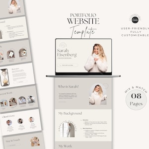 Puede incluir: Una plantilla de sitio web para un portafolio, con una mujer con un suéter blanco, una pantalla de computadora portátil con el texto "Sarah Eisenberg Creative Designer" y un diseño de mezclar y combinar con 8 páginas. La plantilla es fácil de usar y totalmente personalizable.