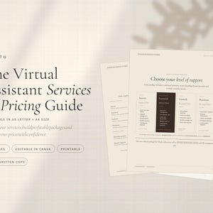 May include: A multi-page virtual assistant services and pricing guide template in a beige colour scheme. The document features text headers, a pricing table with four tiers, and bulleted service lists. It includes labels for 60 pages, editable in Canva, and printable.