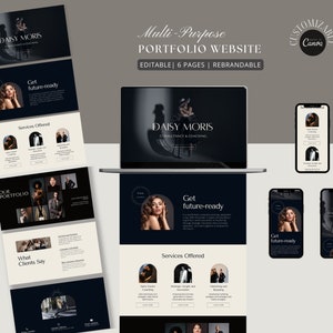 Puede incluir: Una maqueta de sitio web para un negocio llamado Daisy Morris Consultancy & Coaching. El sitio web es blanco y negro con un diseño moderno. El sitio web presenta una foto de una mujer con un fondo oscuro. El texto "Get future-ready" aparece en el sitio web. El sitio web es personalizable y editable.