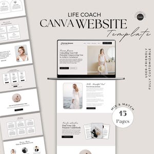 Może przedstawiać: Szablon strony internetowej Canva dla coachów życiowych, z możliwością mieszania i dopasowywania 15 stron. Szablon jest przyjazny dla użytkownika i w pełni konfigurowalny. Obraz przedstawia ekran laptopa z projektem strony internetowej, przewodnikiem i nakładką tekstową z napisem "Mix & Match 15 Pages".