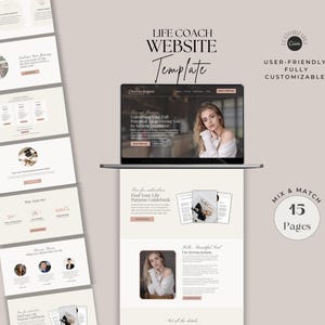 Può includere: Un modello di sito web per life coach, con uno schema di colori rosa e bianco, un ritratto di donna e il testo "Sfruttare appieno il tuo potenziale." Il modello include 15 pagine ed è facile da usare e completamente personalizzabile.