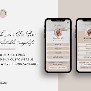 以下が含まれることがあります： バイオにリンクを貼るテンプレートのモバイル電話画面のモックアップを2つのバージョンで表示しています。テンプレートには女性の顔写真、テキスト「私はサラです」、ウェブサイト、ポッドキャスト、ブログ、ソーシャルメディア、無料ガイドへのクリック可能なリンクが掲載されています。各画面の上部には「こんにちは！」というテキストが表示されています。
