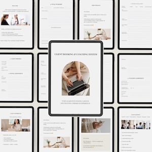 May include: A digital client booking and coaching system template displayed on multiple tablet screens. The layout features black text on white backgrounds, including sections for client profiles, initial assessments, coaching agreements, and client journeys.