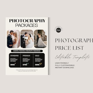 Wedding Photography Pricing List Template | Photographer Price Guide | Wedding Pricing List | Pricing Sheet | CANVA Template | Marketing