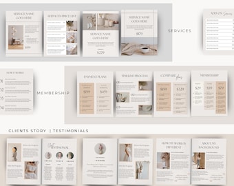 May include: A digital marketing template for a business offering services such as membership, payment plans, and testimonials. The template features a neutral color palette with beige and brown tones. The text includes the words "Membership", "Payment Plans", "Timeline Process", "Compare Plans", "Clients Story", "Testimonials", "How My Work Is Different", and "About My Background".