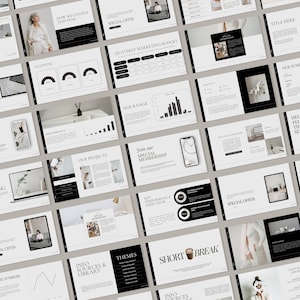 May include: A collection of presentation slides featuring a monochromatic black and white color scheme. The slides display various business layouts including charts, graphs, project lists, and text blocks with headings like Quarterly Marketing Budget.