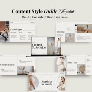 May include: A digital template titled "Content Style Guide" with the tagline "Build a Consistent Brand in Canva." The image showcases a laptop displaying the guide, surrounded by examples of content types, branding, and writing guidelines.
