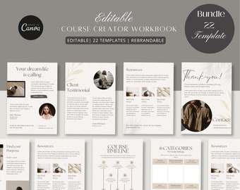 Op de afbeelding: Een set van 22 bewerkbare sjablonen voor het maken van een cursuswerkboek. De sjablonen hebben een minimalistisch ontwerp met een beige en bruin kleurenschema. De tekst "Editable Course Creator Workbook" wordt bovenaan de afbeelding in een groot lettertype weergegeven. De tekst "Bundle 22 Template" wordt in een kleiner lettertype in de rechterbovenhoek van de afbeelding weergegeven. De sjablonen bevatten secties voor klantbeoordelingen, bronnen, cursustijdlijnen en doelstellingen.