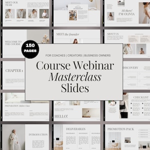 Può includere: Un set di modelli digitali con 150 pagine di diapositive per webinar e masterclass destinati a coach, creatori e imprenditori. Il layout include sezioni per le presentazioni del team, il benvenuto al corso, i capitoli, la preparazione e i pacchetti.