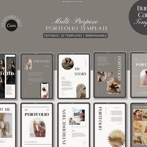 Puede incluir: Un conjunto de 20 plantillas de Canva personalizables para crear un portafolio. Las plantillas presentan un diseño minimalista con una paleta de colores neutros beige, marrón y blanco. Las plantillas incluyen secciones para "Acerca de mí", "Mi historia", "Portafolio" e "Introducción".