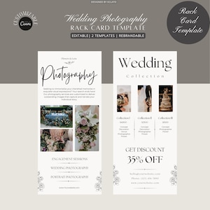 CANVA 用の結婚式の写真マーケティング カード テンプレート、ラック カード テンプレート、プロモーション カード テンプレート、即時ダウンロード、結婚式の写真家。