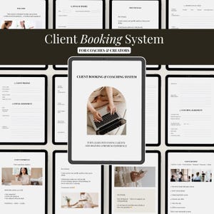 May include: A digital product mockup showing a tablet with the text "Client Booking System for Coaches & Creators." The tablet displays a person using a laptop. Other digital screens with text surround the tablet.