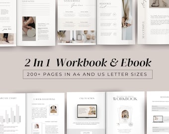 May include: A workbook and ebook bundle with a minimalist design. The cover features a photo of a woman in a white sweater and a resource list. The text on the cover reads "2 In 1 Workbook & Ebook 200+ Pages in A4 and US Letter Sizes".