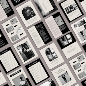 May include: A collection of black and white digital workbook pages featuring minimalist layouts, serif typography, and photographic elements. The pages include headings such as Thank You, Success Stories, Chapter 4, Welcome, and Course Workbook Template.