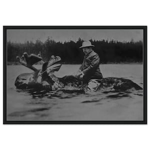 Gerahmte Leinwand von Teddy Roosevelt, der einen Elch reitet