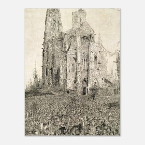 May include: A detailed black and white illustration of a cathedral with intricate architectural details. The image depicts a large crowd gathered in front of the cathedral, creating a sense of scale and perspective. The artwork has a vintage aesthetic.