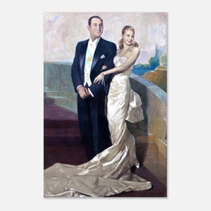May include: A painted portrait of a formally dressed couple. The man wears a black tuxedo with a white shirt and bow tie. The woman is in a white satin gown with a long train. They are standing on a balcony overlooking a seascape.
