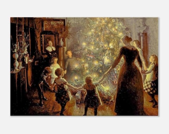 May include: A vintage painting depicts a family celebrating Christmas. A decorated Christmas tree is illuminated with candles. Children in dresses and a woman in a long dress are holding hands and dancing. The scene is set in a warmly lit room.
