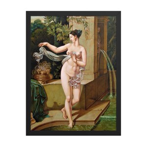 May include: A painting of a woman standing in a fountain, holding a white cloth. She is nude and has long dark hair. The fountain is surrounded by greenery and a stone wall.