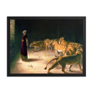 Póster enmarcado de Daniel respuesta al rey en el foso de los leones por el británico Riviere