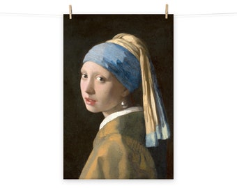 May include: A painting of a young woman wearing a blue and yellow headscarf with a pearl earring. The woman is looking to the left of the viewer and has a soft expression on her face. The background is a dark brown.