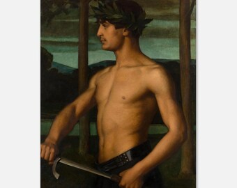 Puede incluir: Pintura clásica de un hombre con una corona de laurel, sosteniendo una hoz. El hombre está sin camisa, con cabello oscuro y bigote. El fondo presenta árboles y agua, con una paleta de colores oscura y melancólica.