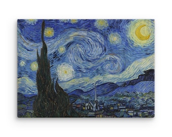 May include: A painting of a starry night sky with a crescent moon and a village in the foreground. The sky is a deep blue with swirling clouds and bright yellow stars. The village is small and dark, with a few lights visible. The painting is done in a style that is characteristic of Vincent van Gogh.