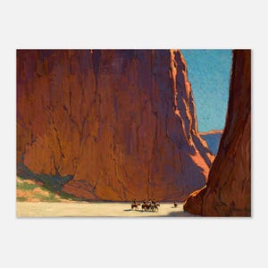 May include: An oil painting depicts a desert canyon scene with towering red rock formations. Several figures on horseback are in the foreground, with a bright blue sky visible in the distance. The artwork has a vintage aesthetic.