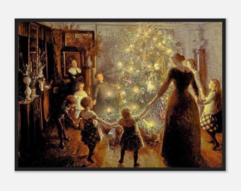 May include: A vintage painting depicts a family celebrating Christmas. Children in dresses and a woman in a long dress hold hands around a decorated Christmas tree. The scene is illuminated by candlelight, creating a warm, nostalgic atmosphere.