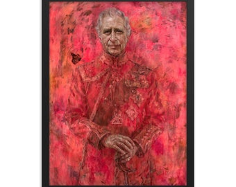 King Charles III Offizielles Porträt (Rote Malerei) vonJonathan Yeo Gerahmtes Poster