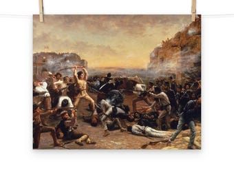 Puede incluir: Una pintura que representa una escena de batalla caótica con soldados vestidos con ropa de época disparando mosquetes y espadas. La escena se desarrolla en un contexto de un acantilado rocoso y un cielo nublado.