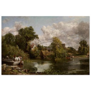May include: A landscape painting depicts a serene river scene with a boat pulled by white horses. Lush green trees and foliage line the riverbanks, with a small cottage and cloudy sky in the background. The artwork evokes a sense of tranquility.