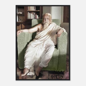 Puede incluir: Retrato enmarcado de un hombre con larga barba y cabello blancos, vestido con ropa blanca, sentado en un sillón verde. El sillón tiene un diseño estampado. Se ve una estantería en el fondo.