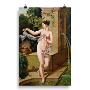 May include: A print of a classical painting depicting a nude figure standing near a fountain. The figure is holding a flowing white cloth. The background features lush greenery and architectural elements, with a water fountain.